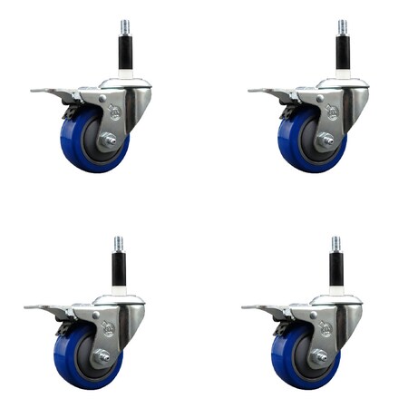 Service Caster 3'' SS Blue Poly Swivel 7/8'' Expanding Stem Caster Set Total Lock Brake, 4PK SCC-SSEXTTL20S314-PPUB-BLUE-78-4